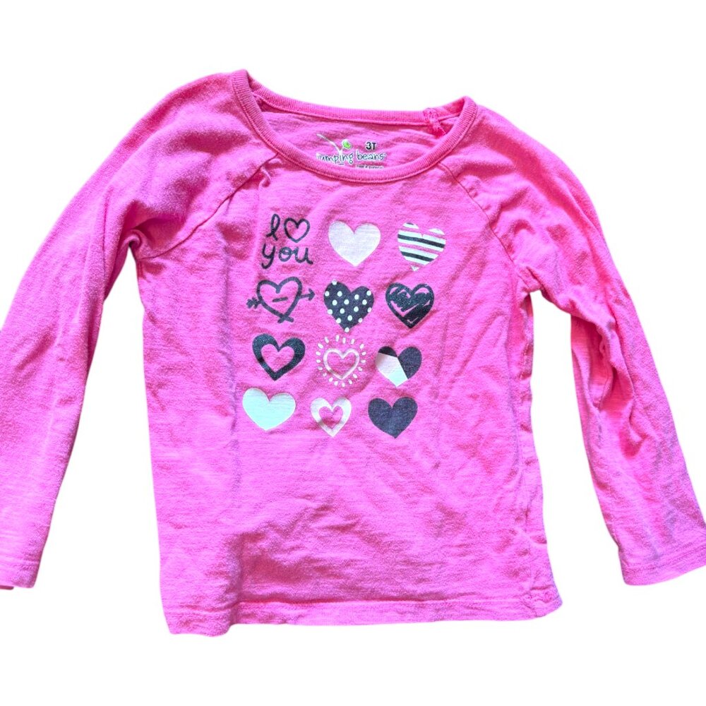Jumping Beans girl's pink w hearts 100% Cotton long‎ sleeve tee shirt sz 3t